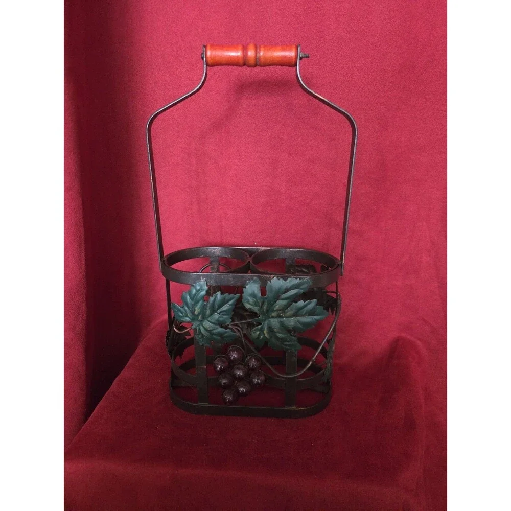 Rustic Metal Dual Wine Bottle Caddy Hinged Wood Handle Tuscan Farmhouse Decor